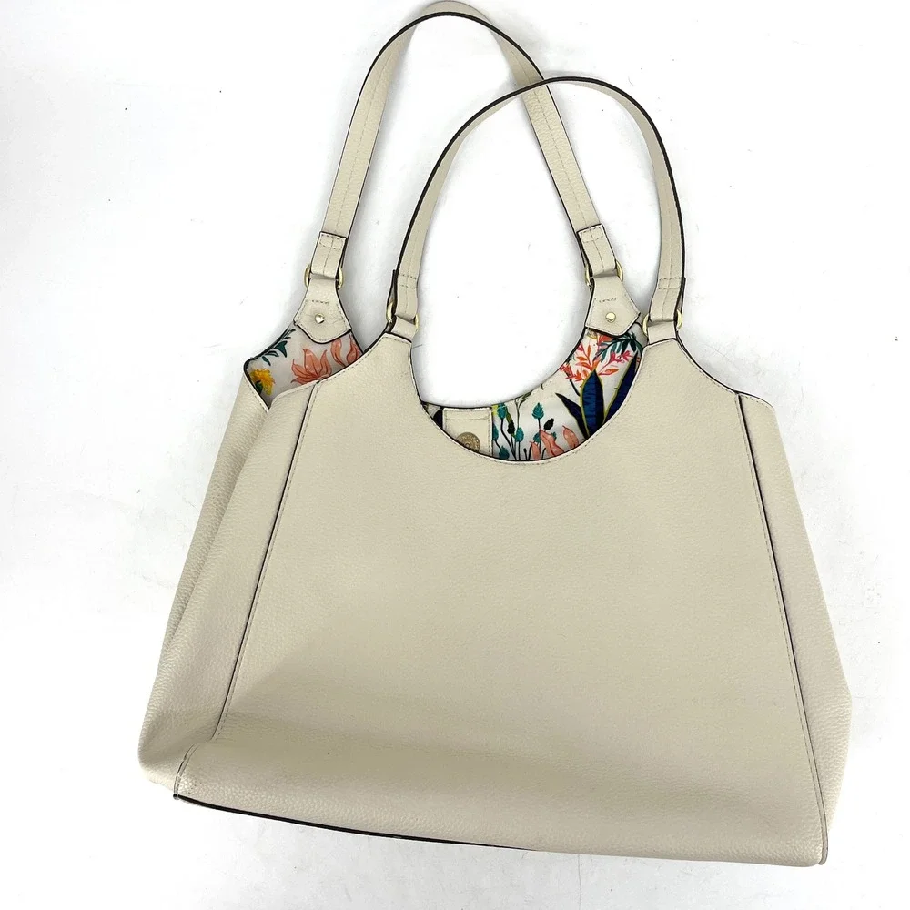 Nanette Lepore‎ Cream Pebbled Leather Floral Lined Tote Bag Shoulder Bag